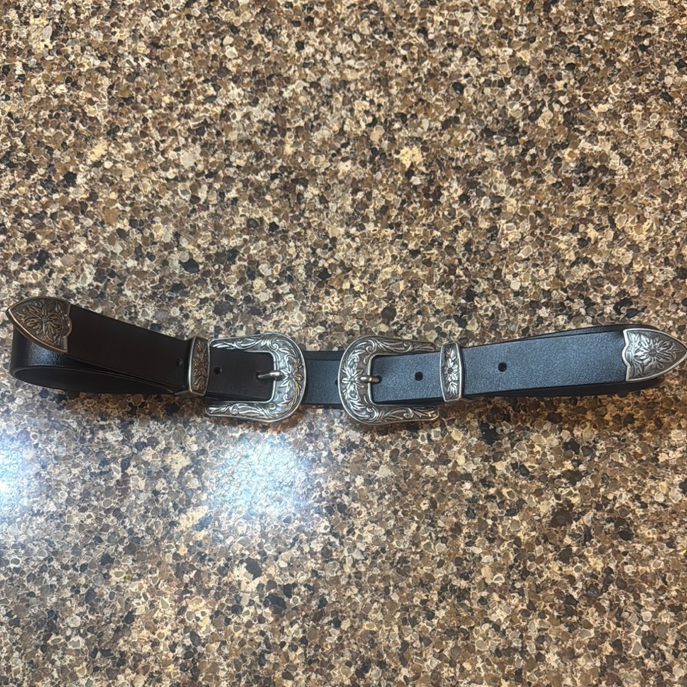 Black Leather Double-Buckle Belt with Silver Buckles